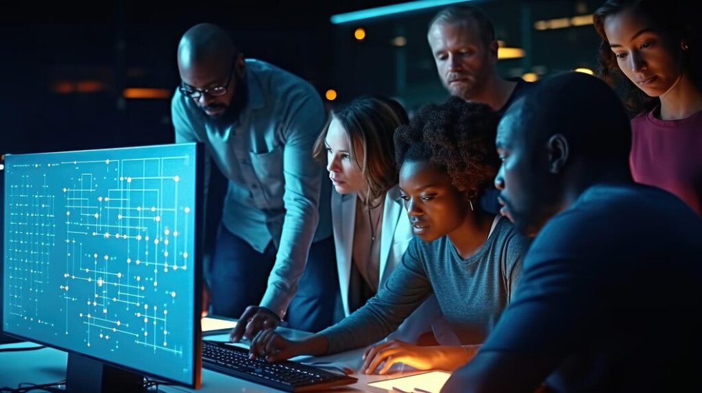 group people looking computer screen with word data it 882954 18311