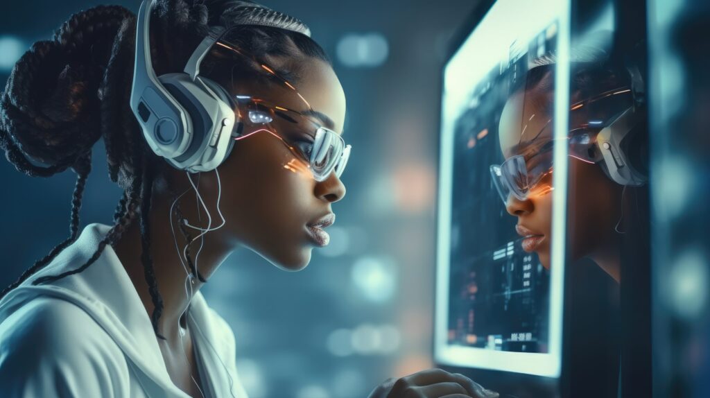 black woman using computer program, discussing on video call, multicultural diversity future technology.