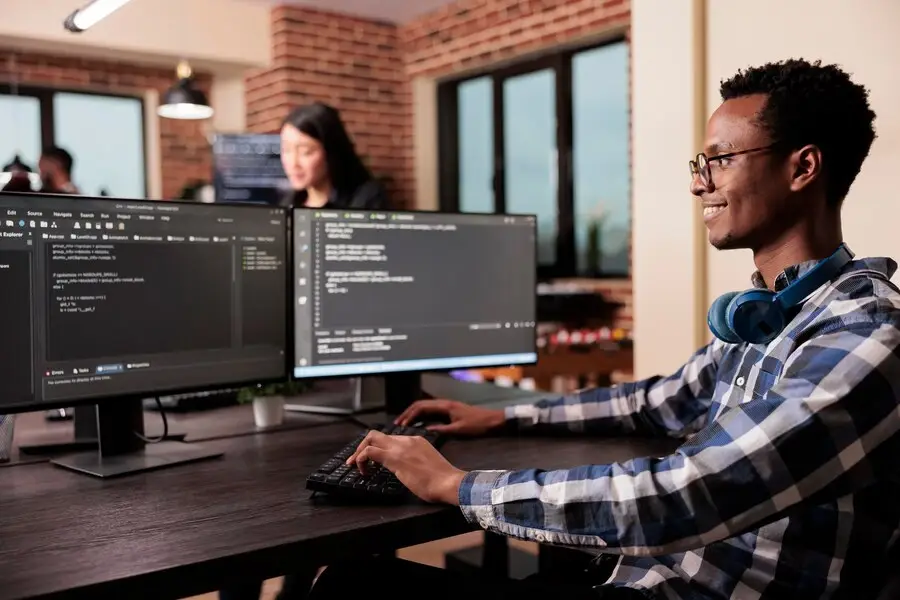 software developer working new user interface with online system create algorithm it agency office system engineer programming html code algorithm computer typing sever data 482257 64450